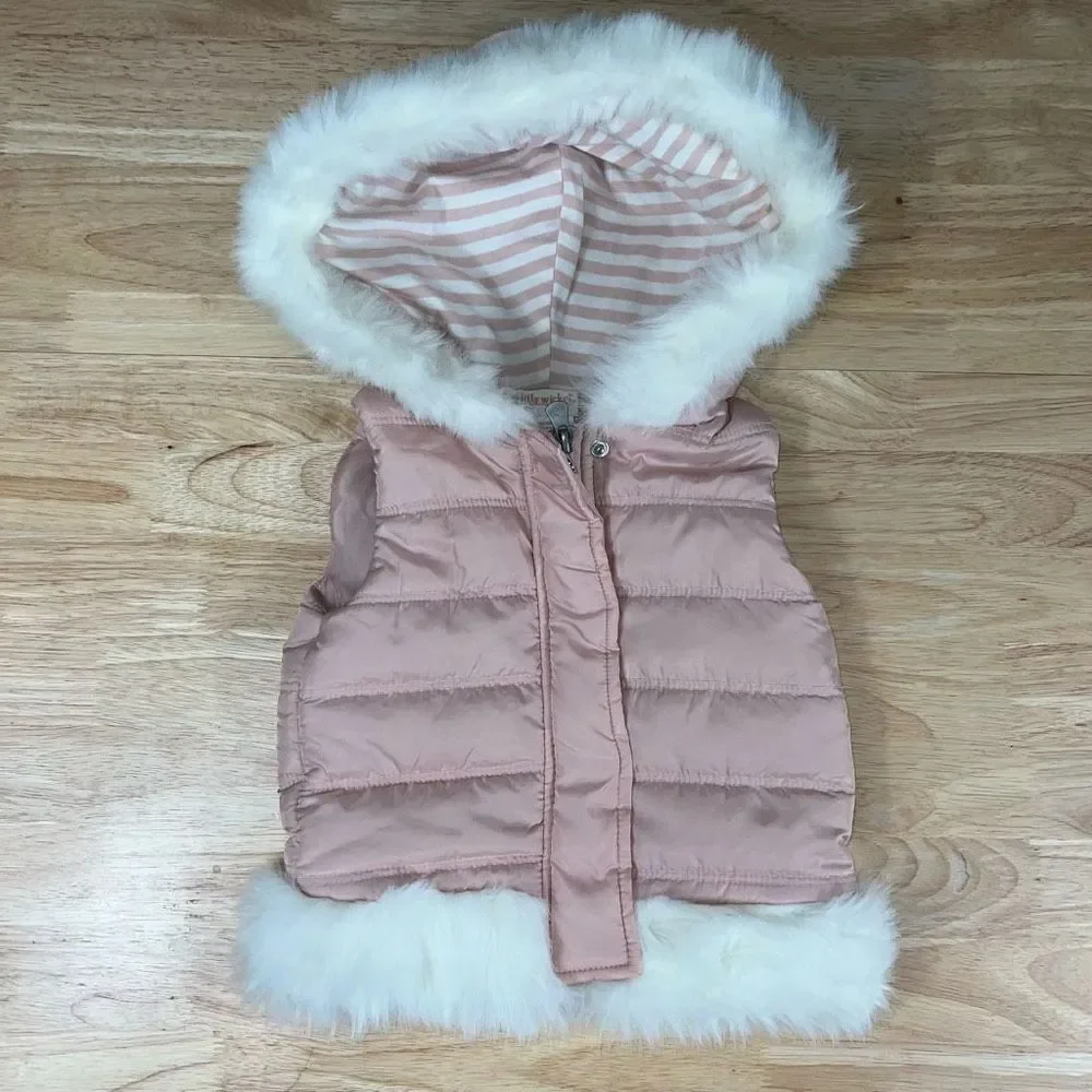 Lilly Wicket, Zip Up Puffer Vest, Faux Fur Lined Hood, Girls Toddler Baby 12M